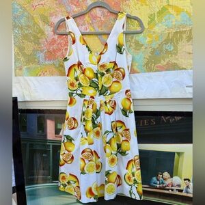Banana Republic White and Yellow Lemon Print Midi Dress